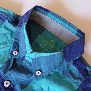 American Eagle Men's Cotton Button Down Shirt Short Sleeve Blue  Plaid Size XS